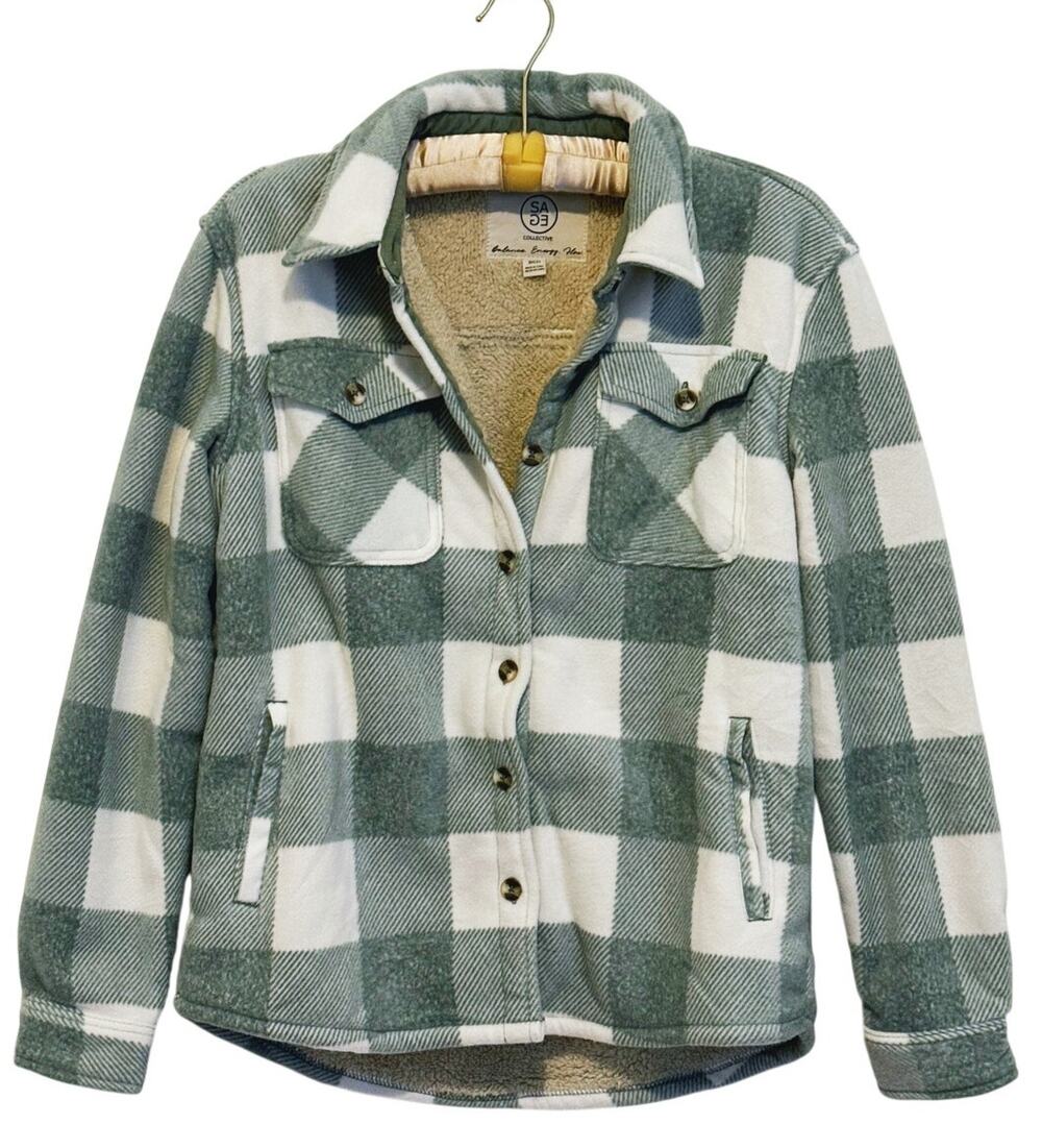 Sage Collective Fleece Lined Plaid Shacket Button Up Womens Small Teal Cozy